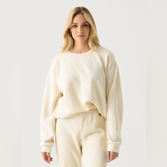 Aviator Nation Glitter Heart Crewneck Pullover Sweatshirt in Natural - Picture 2 of 13